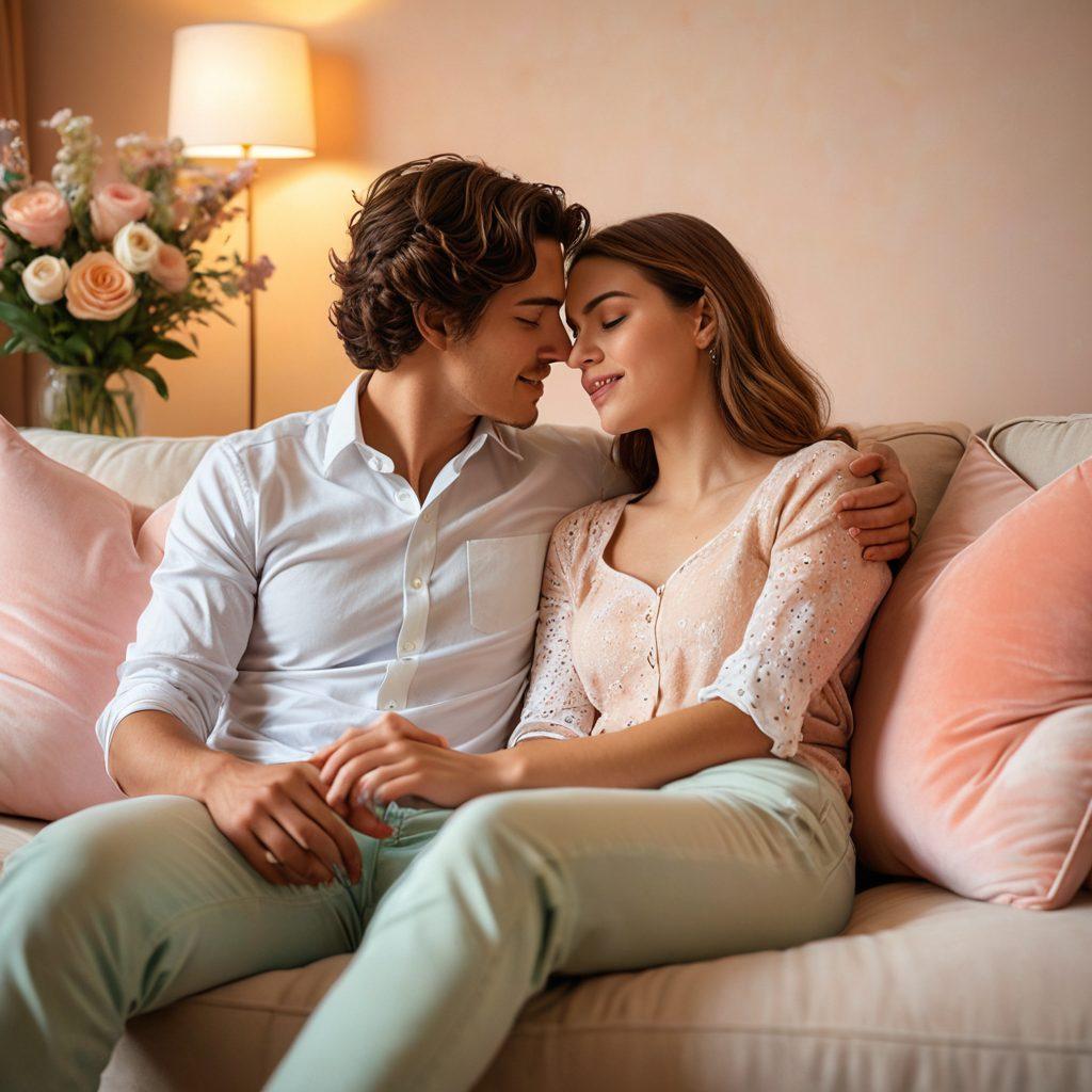 A serene and intimate setting featuring a diverse couple sitting on a cozy couch surrounded by soft, warm lighting. They are engaged in a deep conversation, with symbols of love and connection, like heart-shaped cushions and gentle floral arrangements in the background. The atmosphere is inviting and sensual, conveying trust and openness in a relationship. Soft pastel colors enhance the mood of intimacy and warmth. super-realistic. warm colors. soft focus.