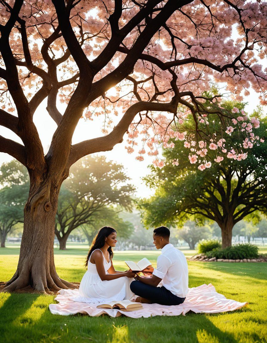 A serene setting featuring diverse couples engaged in open conversations under a blooming tree, symbolizing growth and connection. Soft, warm lighting creates an inviting atmosphere, while subtle symbols of sexual awareness and guidance emerge in the background, such as open books and gentle heart shapes. The image radiates intimacy, trust, and understanding among the individuals. vibrant colors. soft focus.