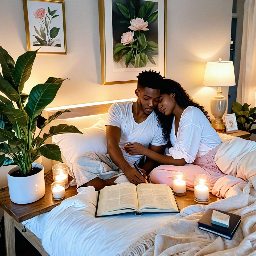 A serene and inviting bedroom scene featuring soft, warm lighting, with a couple exchanging loving glances while holding hands. Surrounding them are tasteful decor items related to self-care and intimacy, such as candles and plants. An open journal with a pen lies on the bedside, symbolizing reflection and communication about sexual wellness. Incorporate soothing colors like soft pinks and muted blues to create a tranquil atmosphere. super-realistic. warm tones. cozy ambiance.